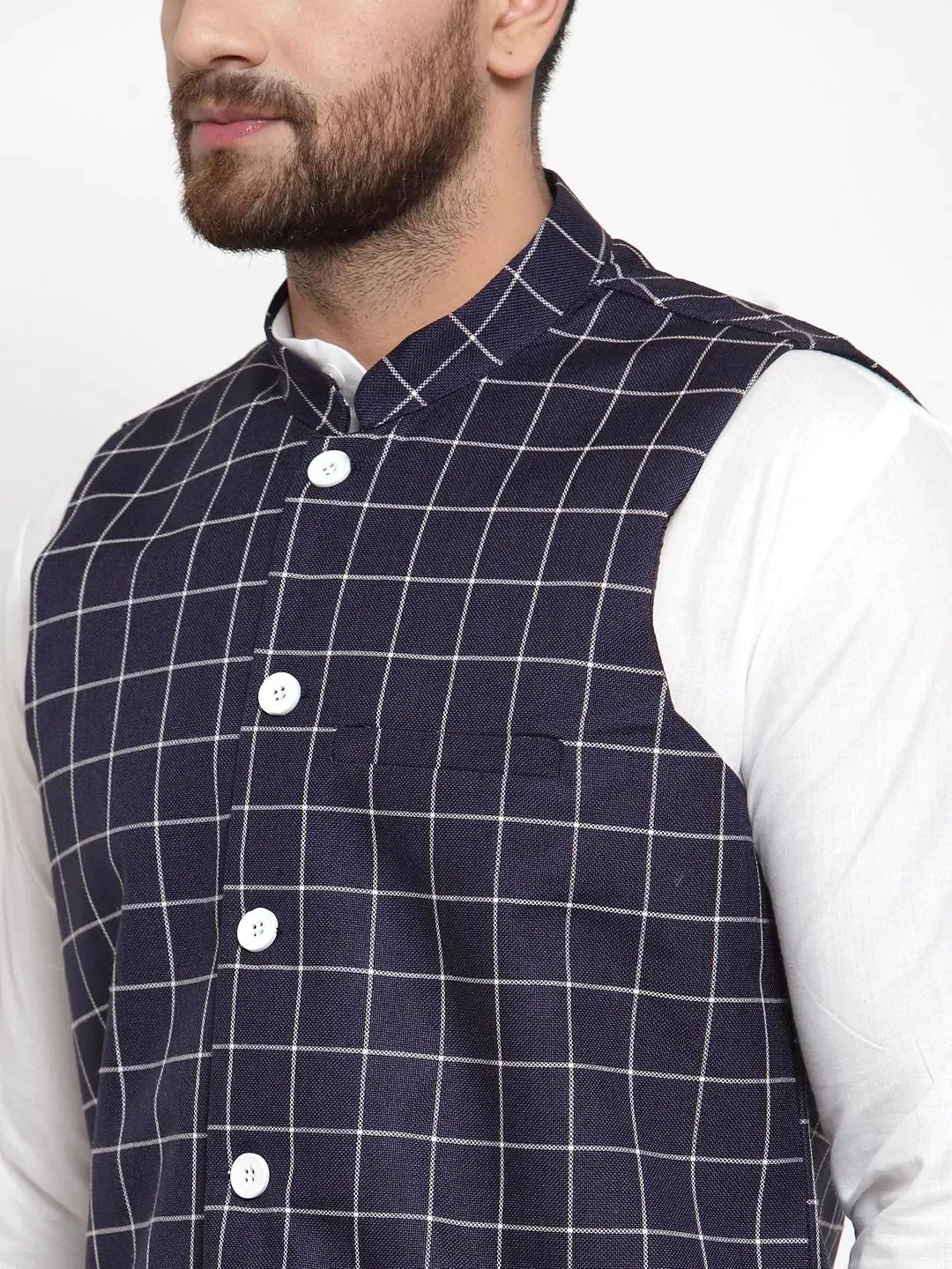 Men Navy-Blue Checked Nehru Jacket