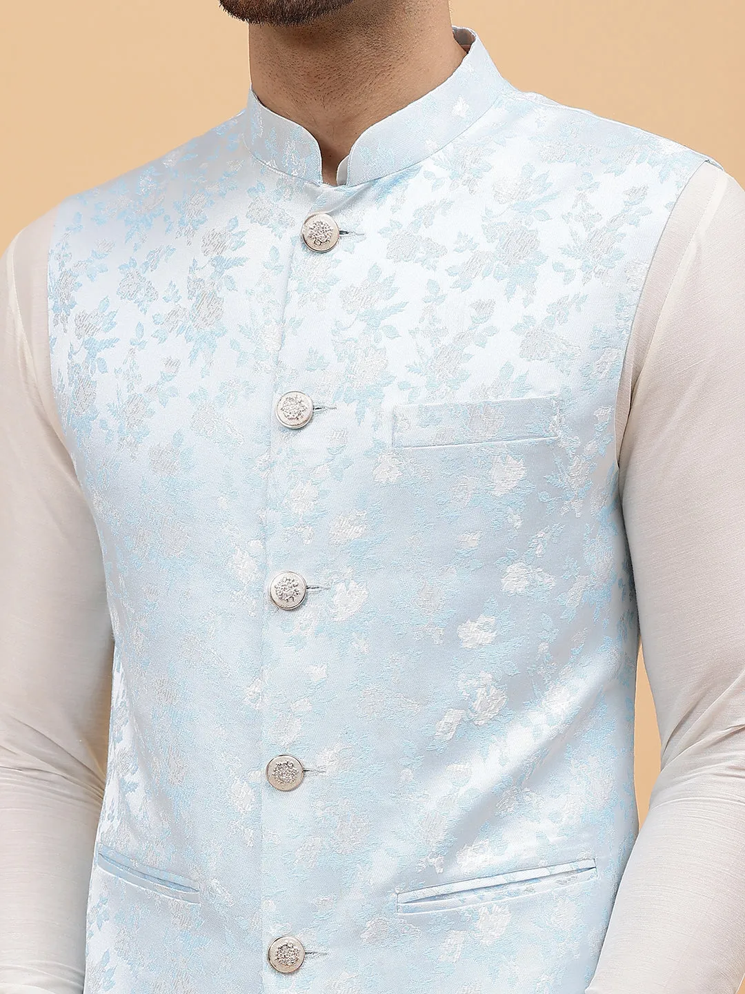 Men Turquoise Blue & Gold Woven Design Jacquard Neharu Jacket