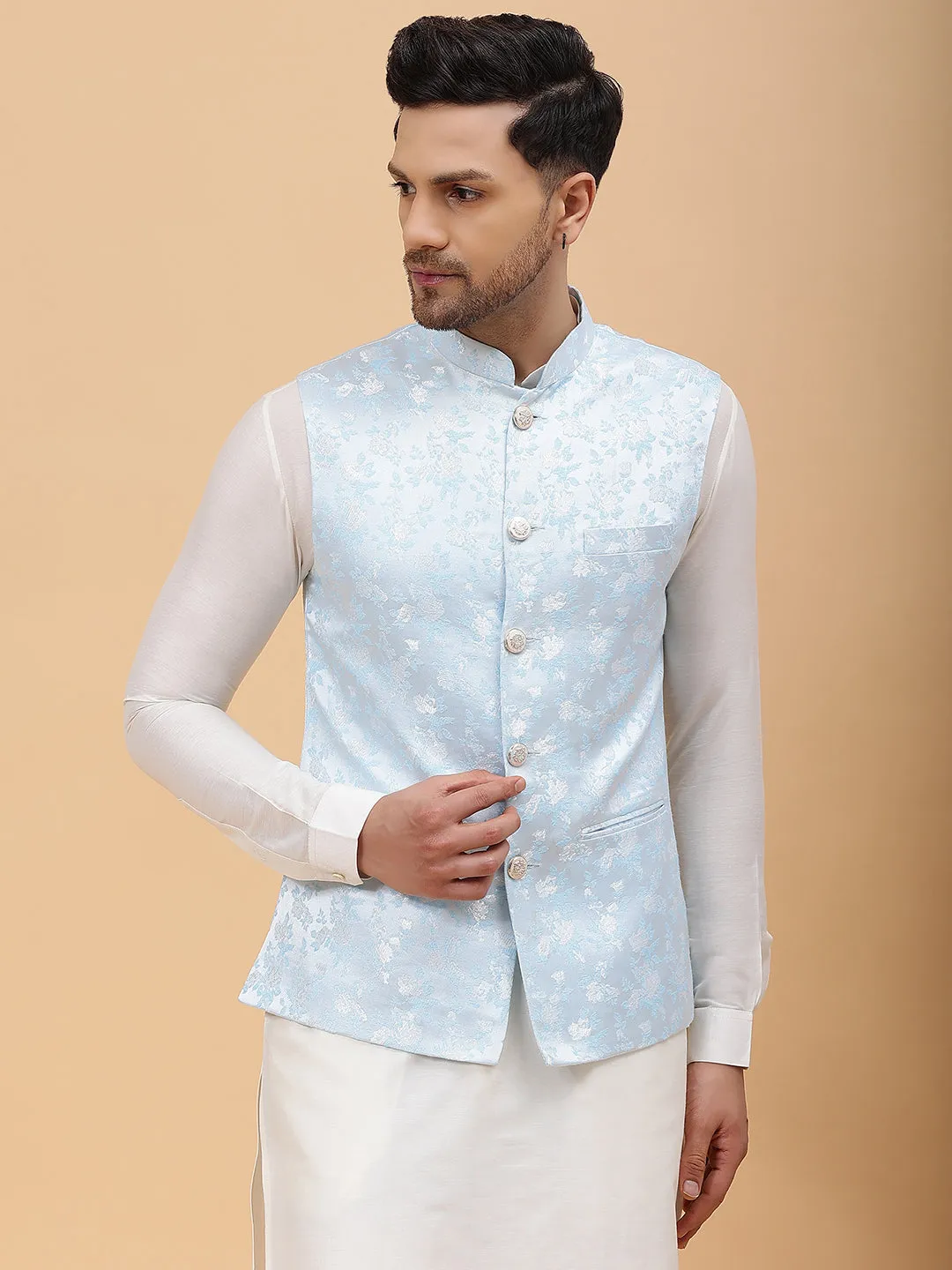 Men Turquoise Blue & Gold Woven Design Jacquard Neharu Jacket