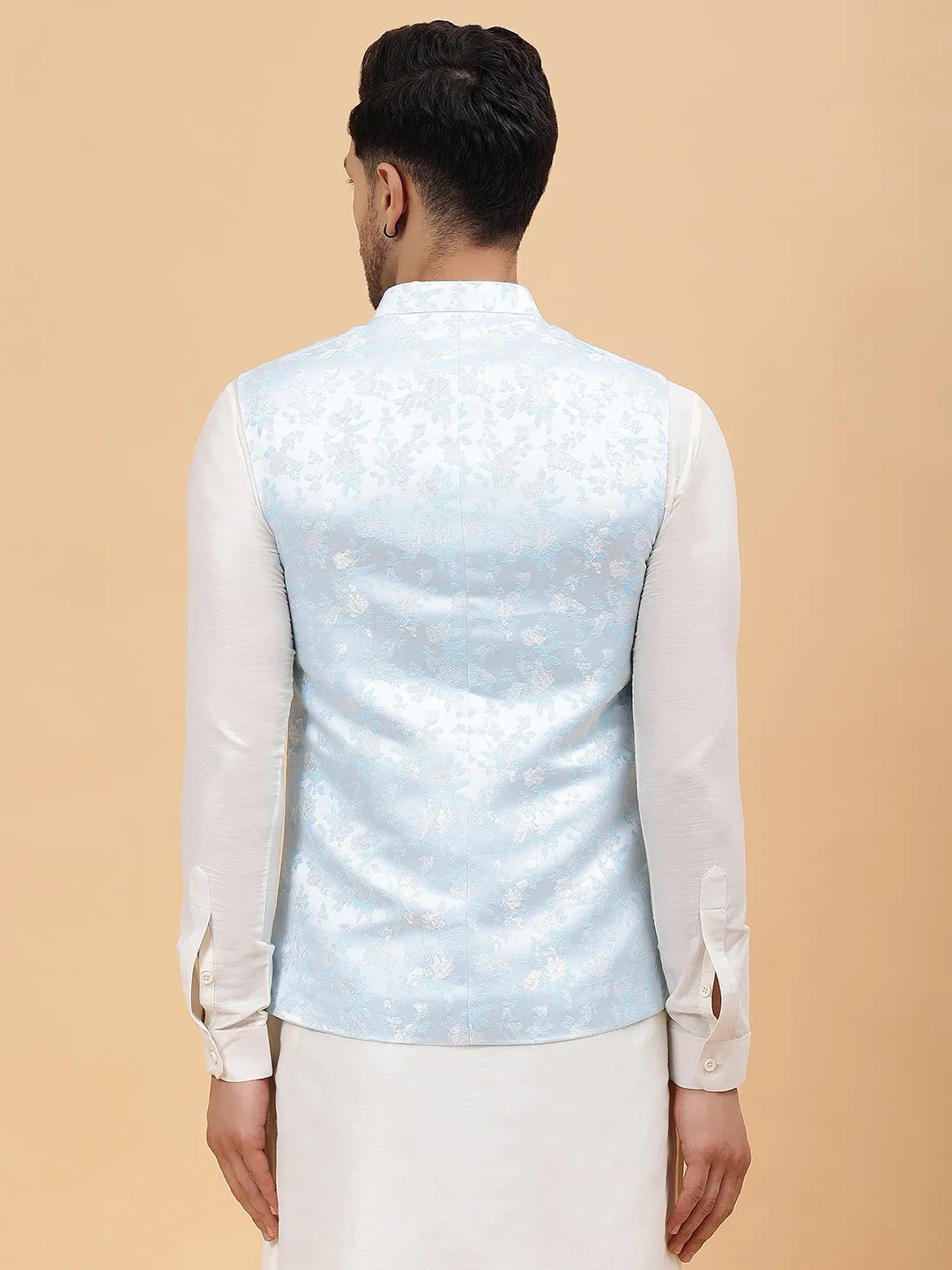 Men Turquoise Blue & Gold Woven Design Jacquard Neharu Jacket