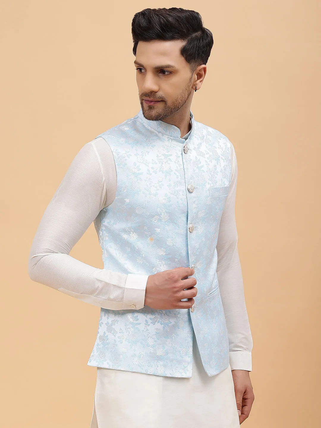 Men Turquoise Blue & Gold Woven Design Jacquard Neharu Jacket