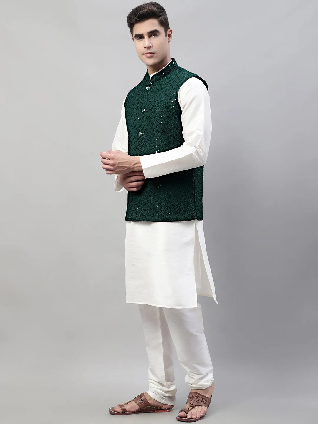 Men White Solid Kurta Pyjama with  Olive Green Embroidered Nehru Jacket