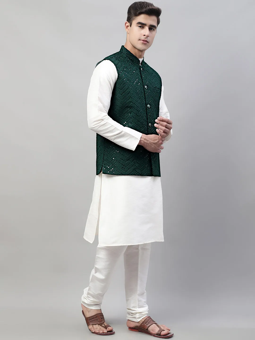 Men White Solid Kurta Pyjama with  Olive Green Embroidered Nehru Jacket