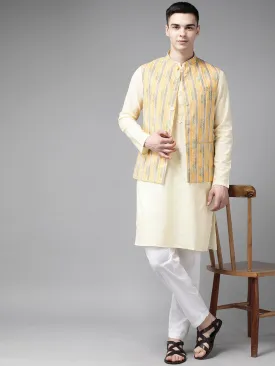 Men Yellow & Beige Printed Pure Cotton Neharu Jacket