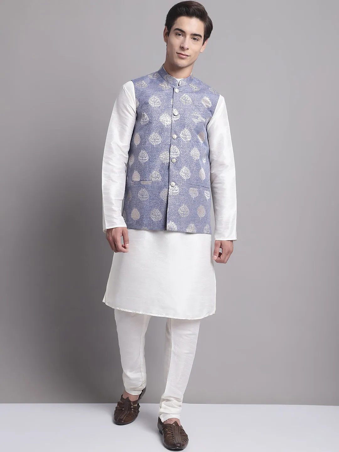 Men's Blue Printed Nehru Jacket With Solid Kurta Pyjama.