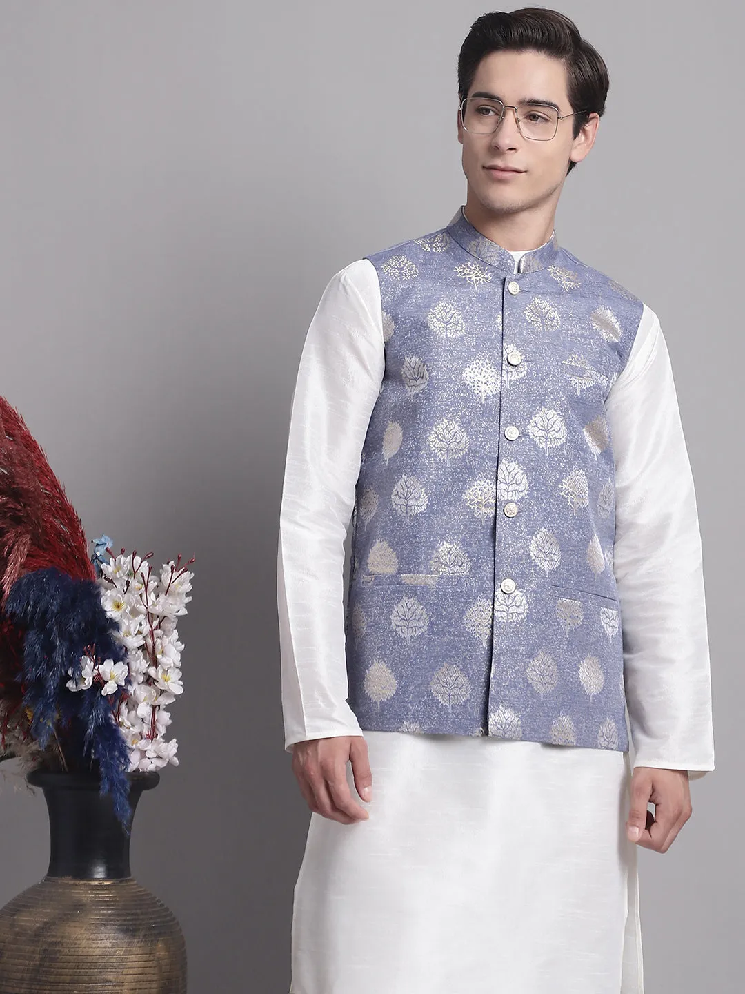 Men's Blue Printed Nehru Jacket With Solid Kurta Pyjama.