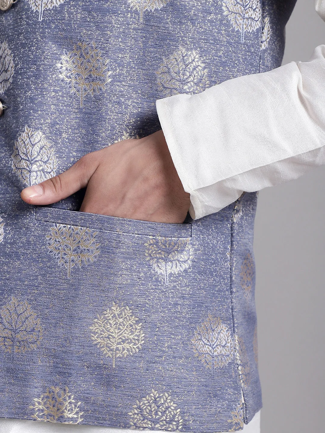 Men's Blue Printed Nehru Jacket With Solid Kurta Pyjama.