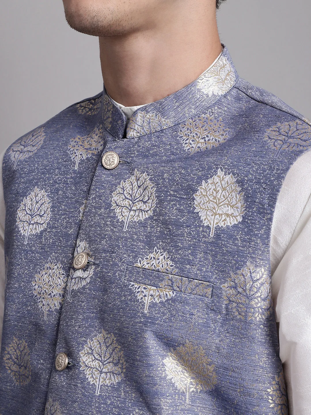 Men's Blue Printed Nehru Jacket With Solid Kurta Pyjama.