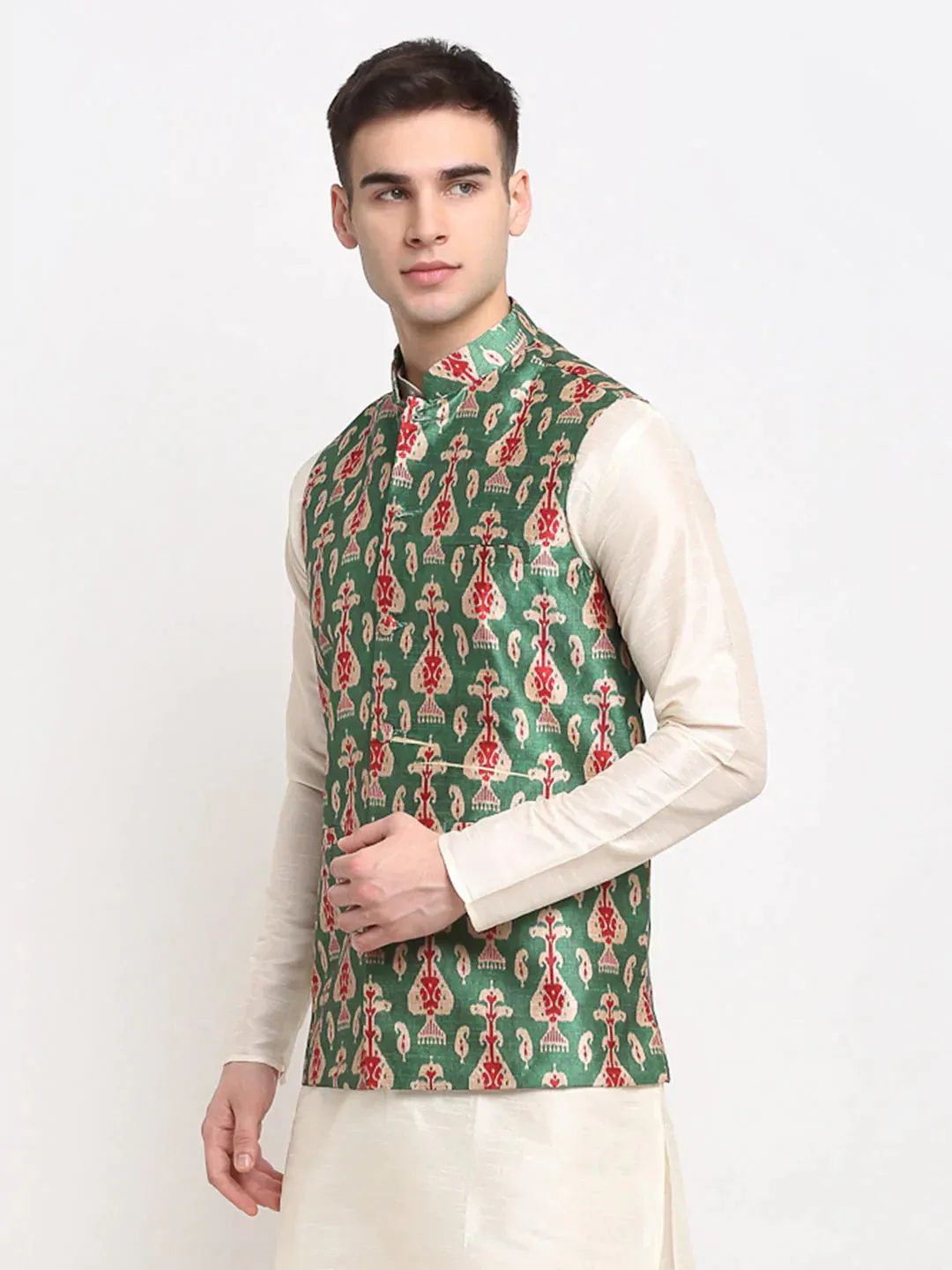 Men'S Green Digital Printed Green Waistcoat