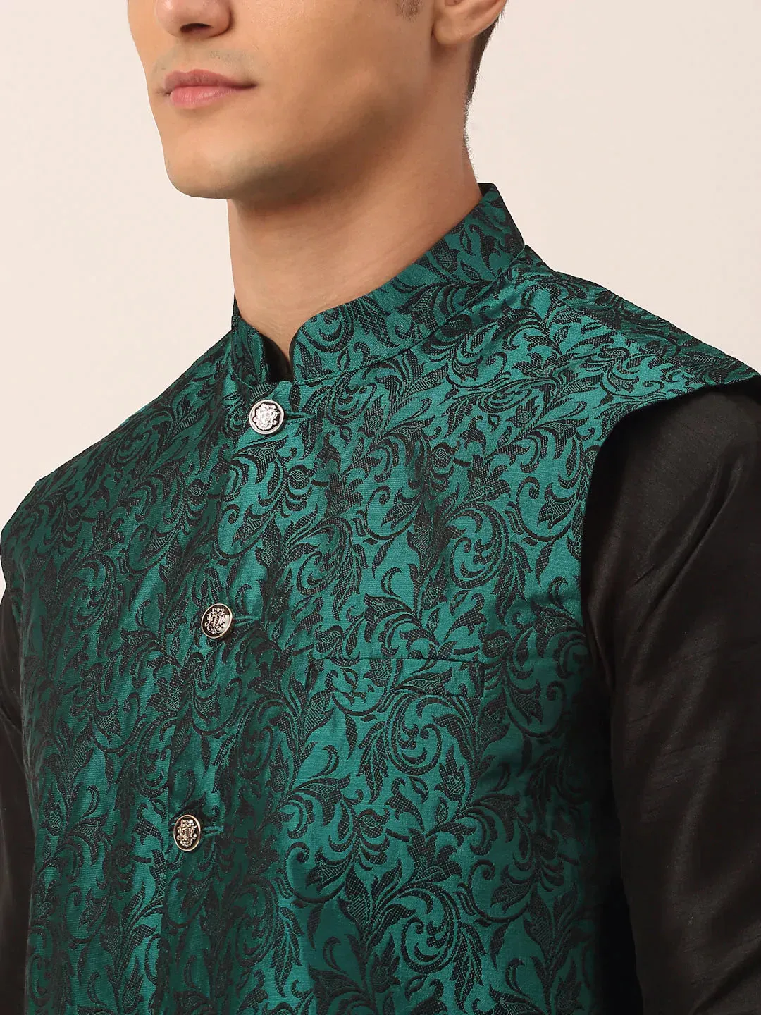 Men'S Green Woven Design Nehru Jacket.