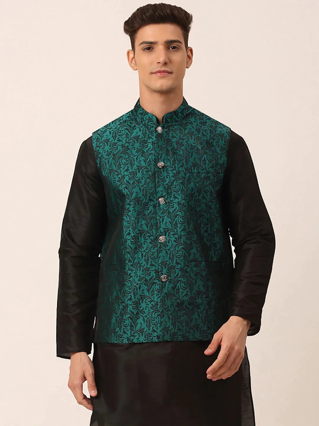 Men'S Green Woven Design Nehru Jacket.