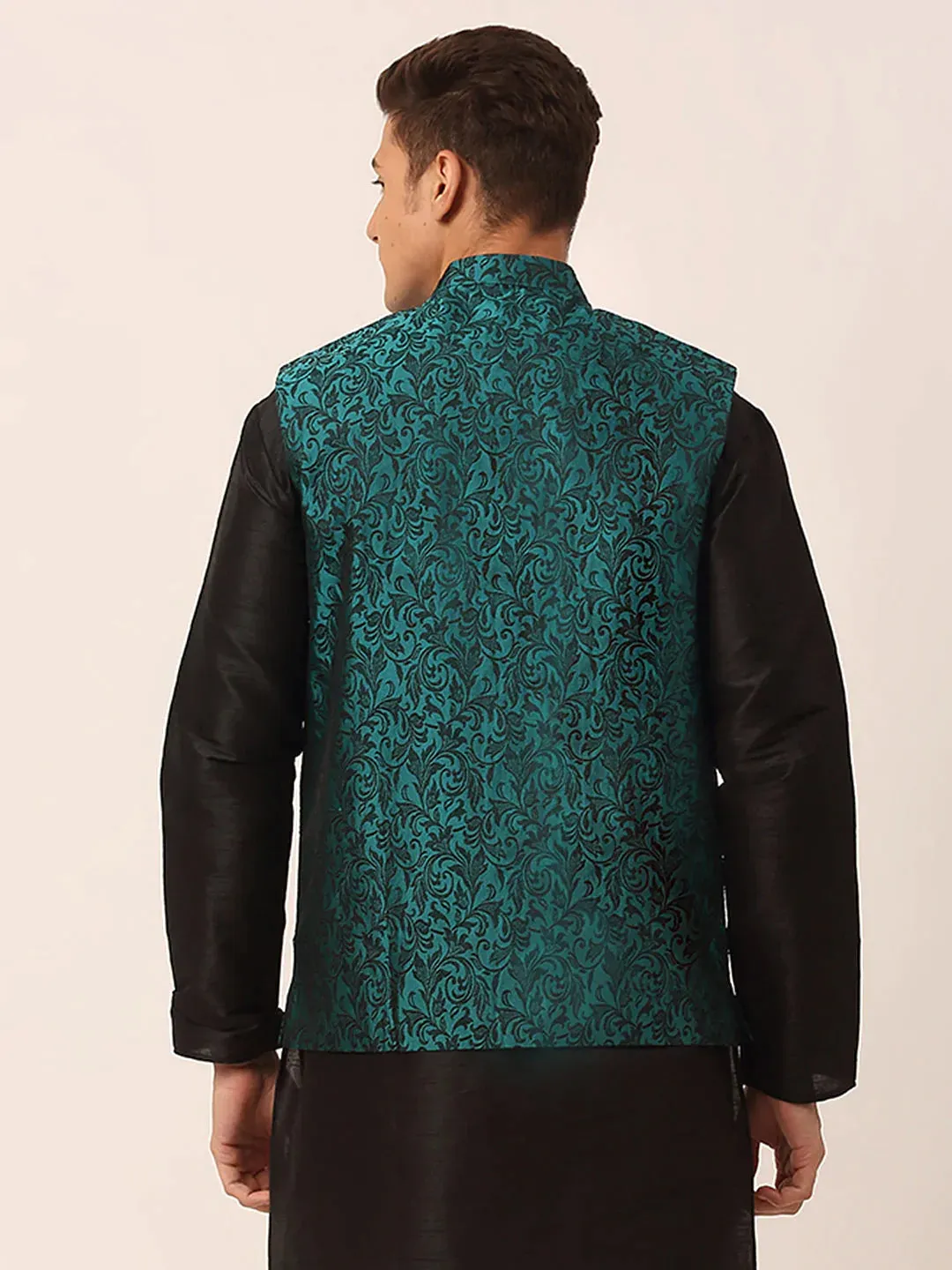 Men'S Green Woven Design Nehru Jacket.