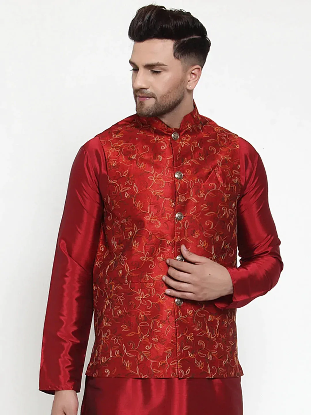 Men'S Maroon Embroidered Nehru Jacket