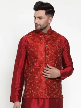 Men'S Maroon Embroidered Nehru Jacket