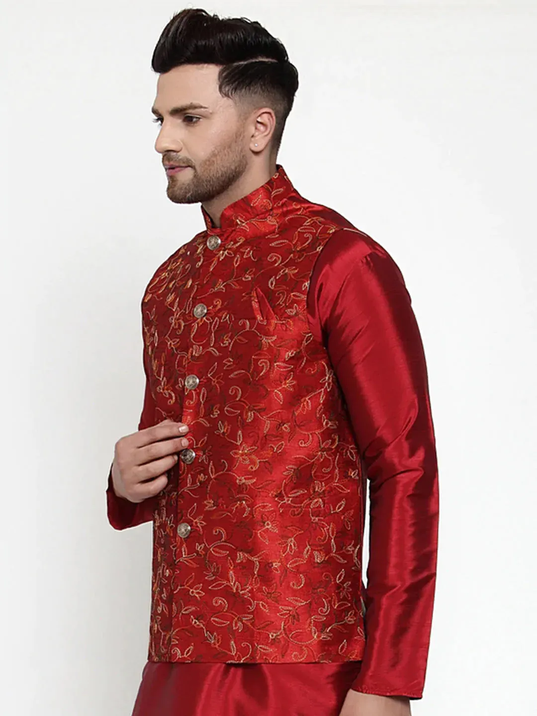 Men'S Maroon Embroidered Nehru Jacket