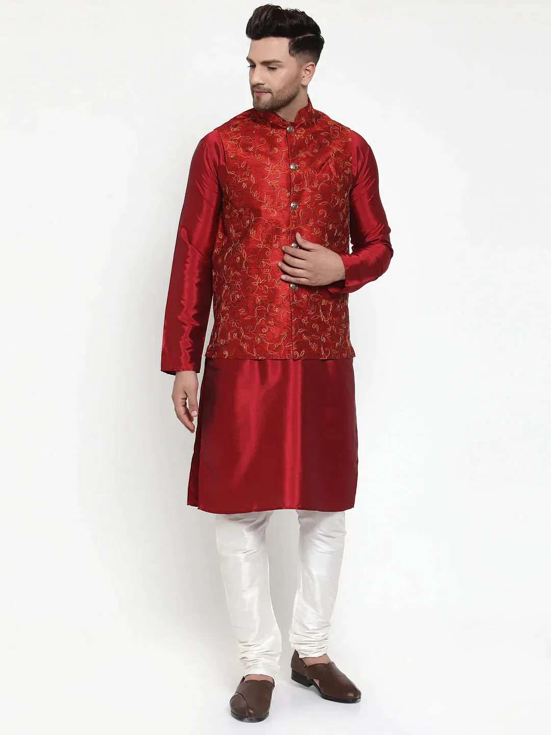 Men'S Maroon Embroidered Nehru Jacket