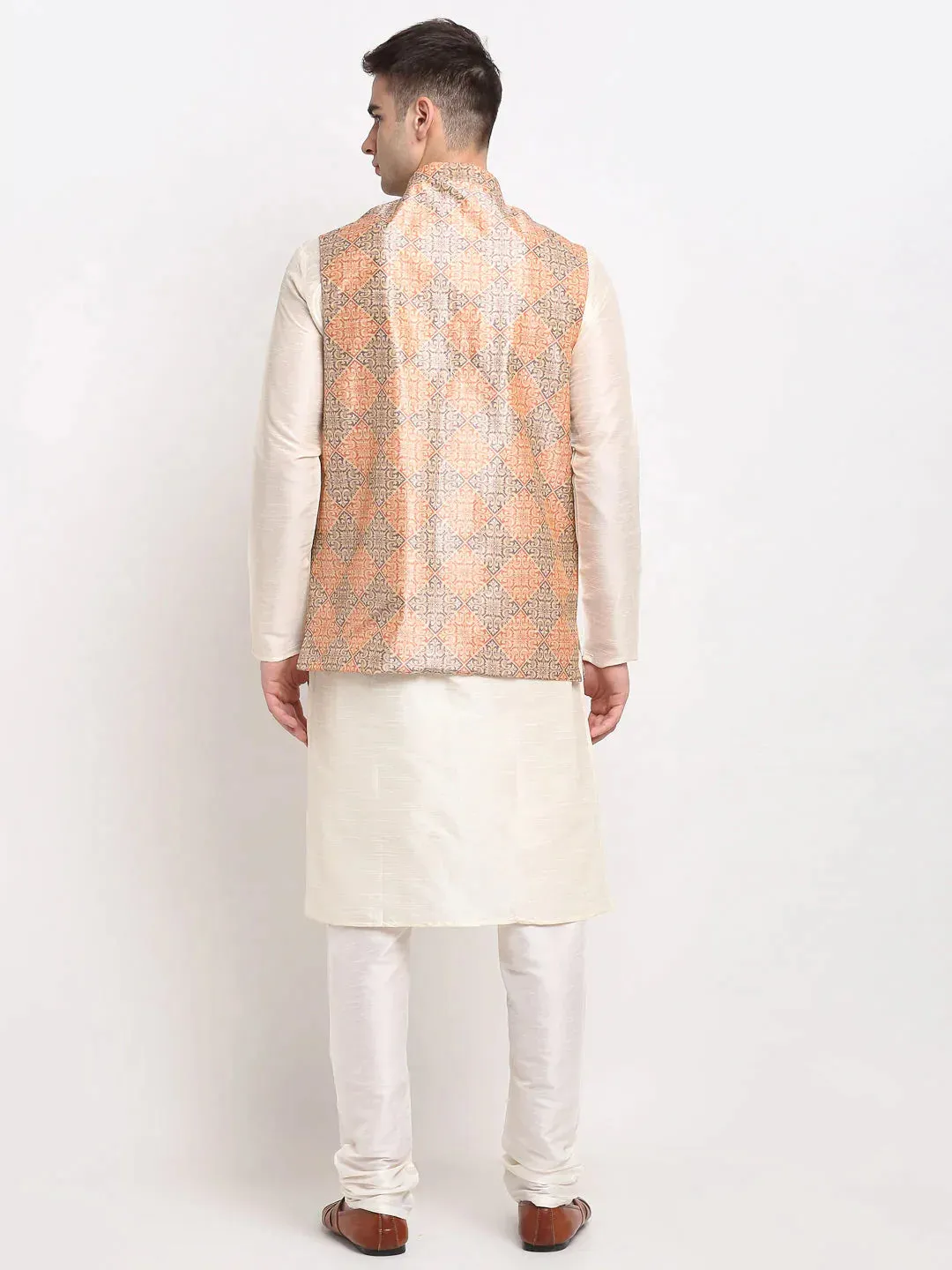 Men'S Off-White Dupion Silk Kurta With Churidar & Nehru Jacket