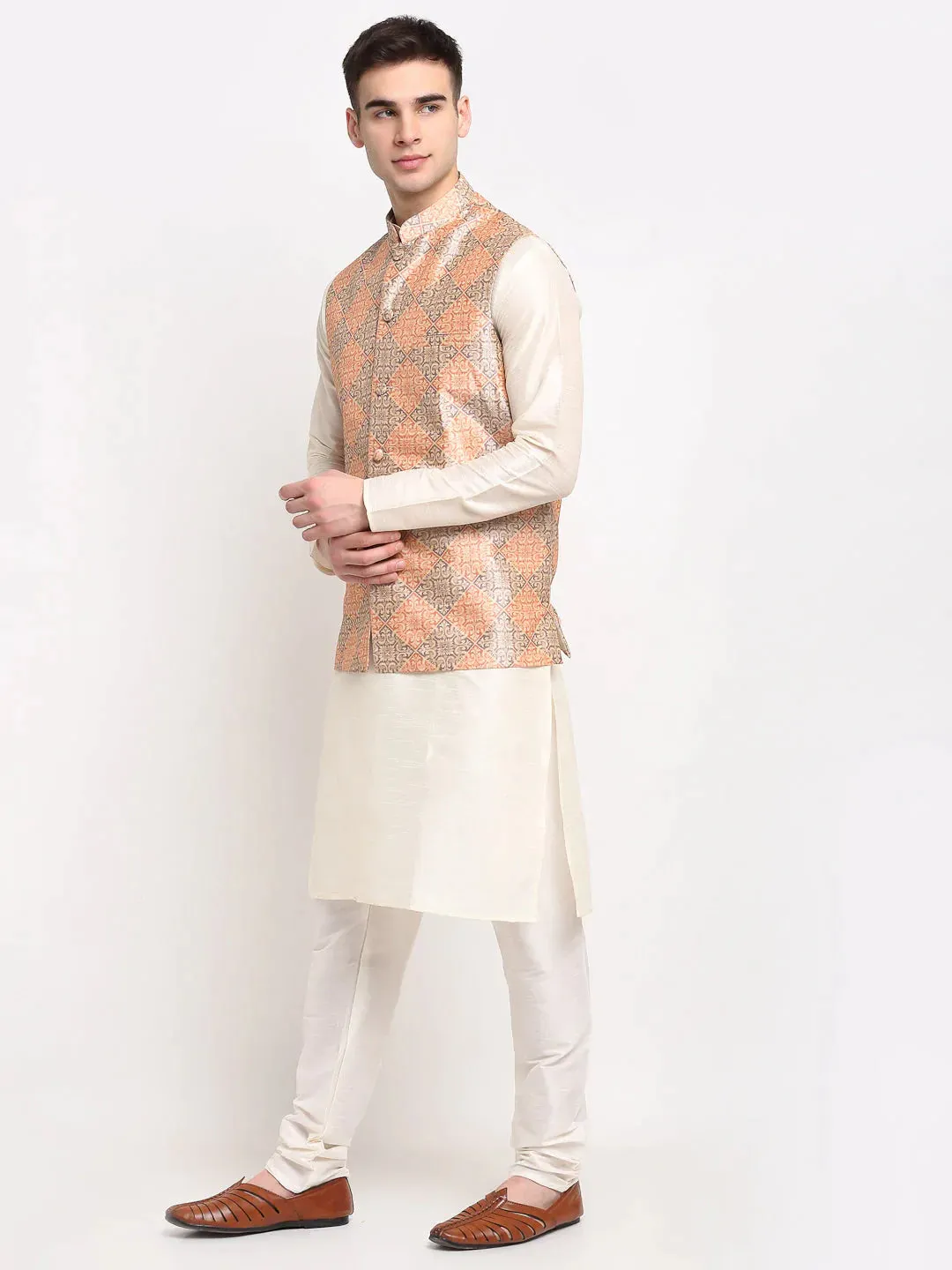 Men'S Off-White Dupion Silk Kurta With Churidar & Nehru Jacket