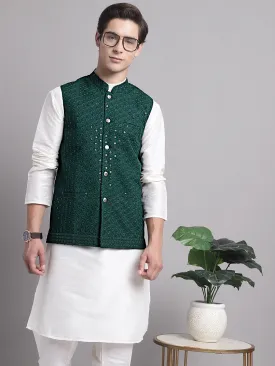 Men'S Olive Green Sequins And Embroidered Nehru Jacket