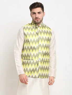 Men'S Olive Ikat Printed Nehru Jacket