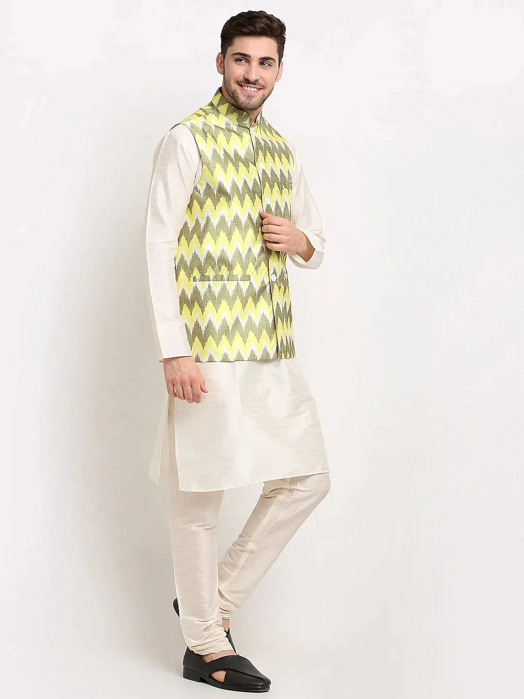 Men'S Olive Ikat Printed Nehru Jacket