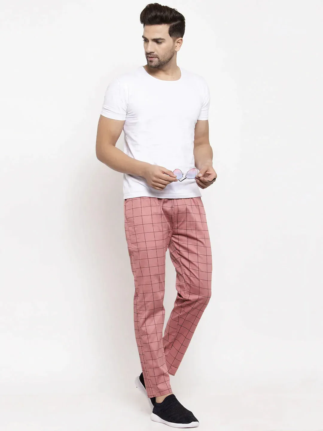 Men'S Peach Checked Cotton Track Pants