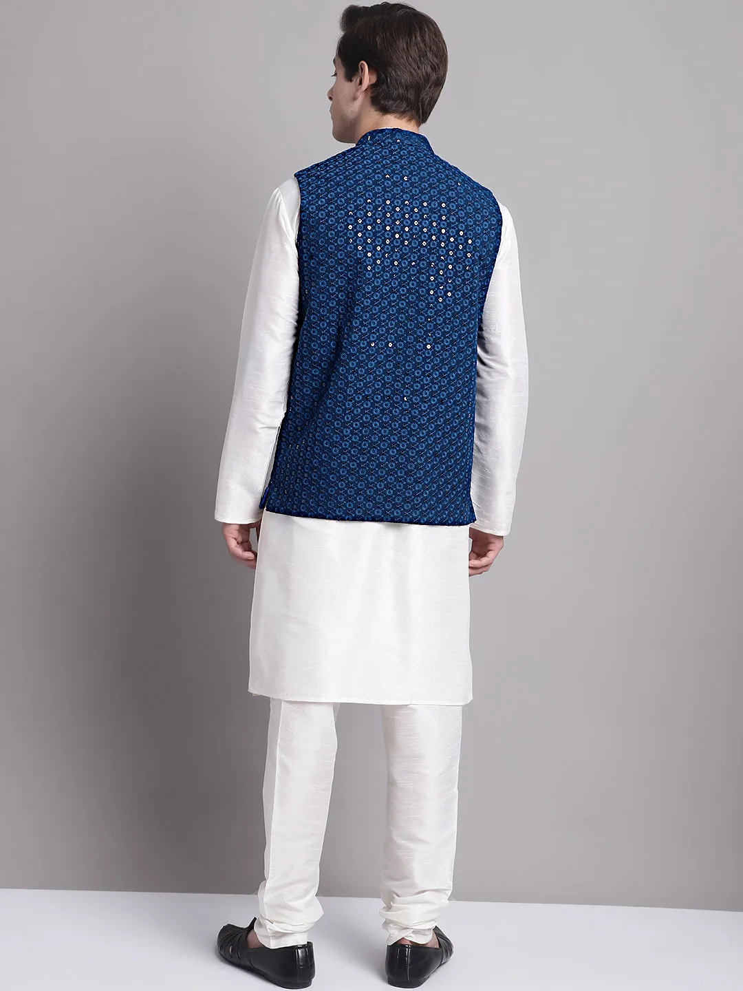 Men's Peacock Blue Sequins and Embroidred Nehru Jacket With Solid Kurta Pyjama.