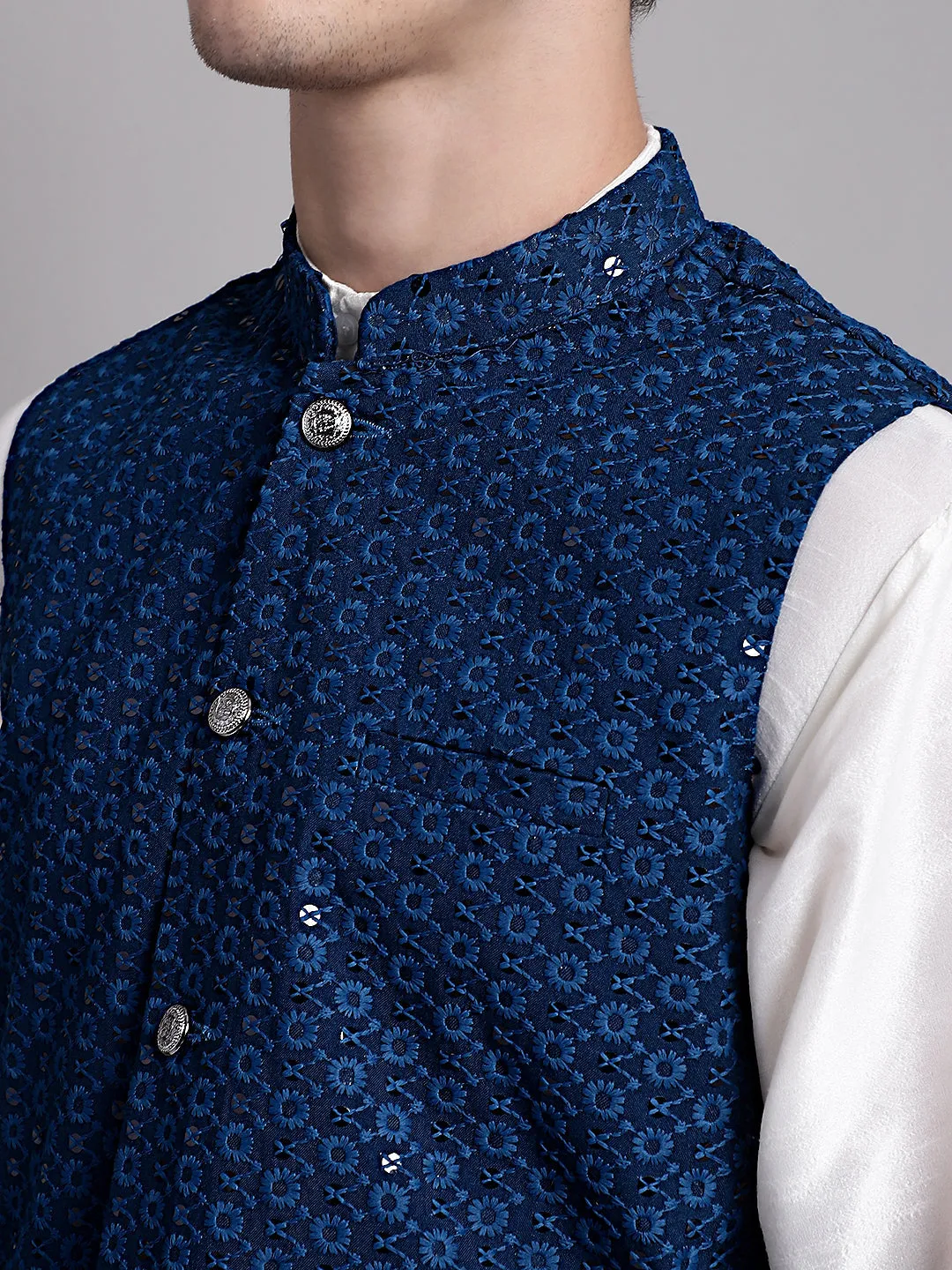 Men's Peacock Blue Sequins and Embroidred Nehru Jacket With Solid Kurta Pyjama.