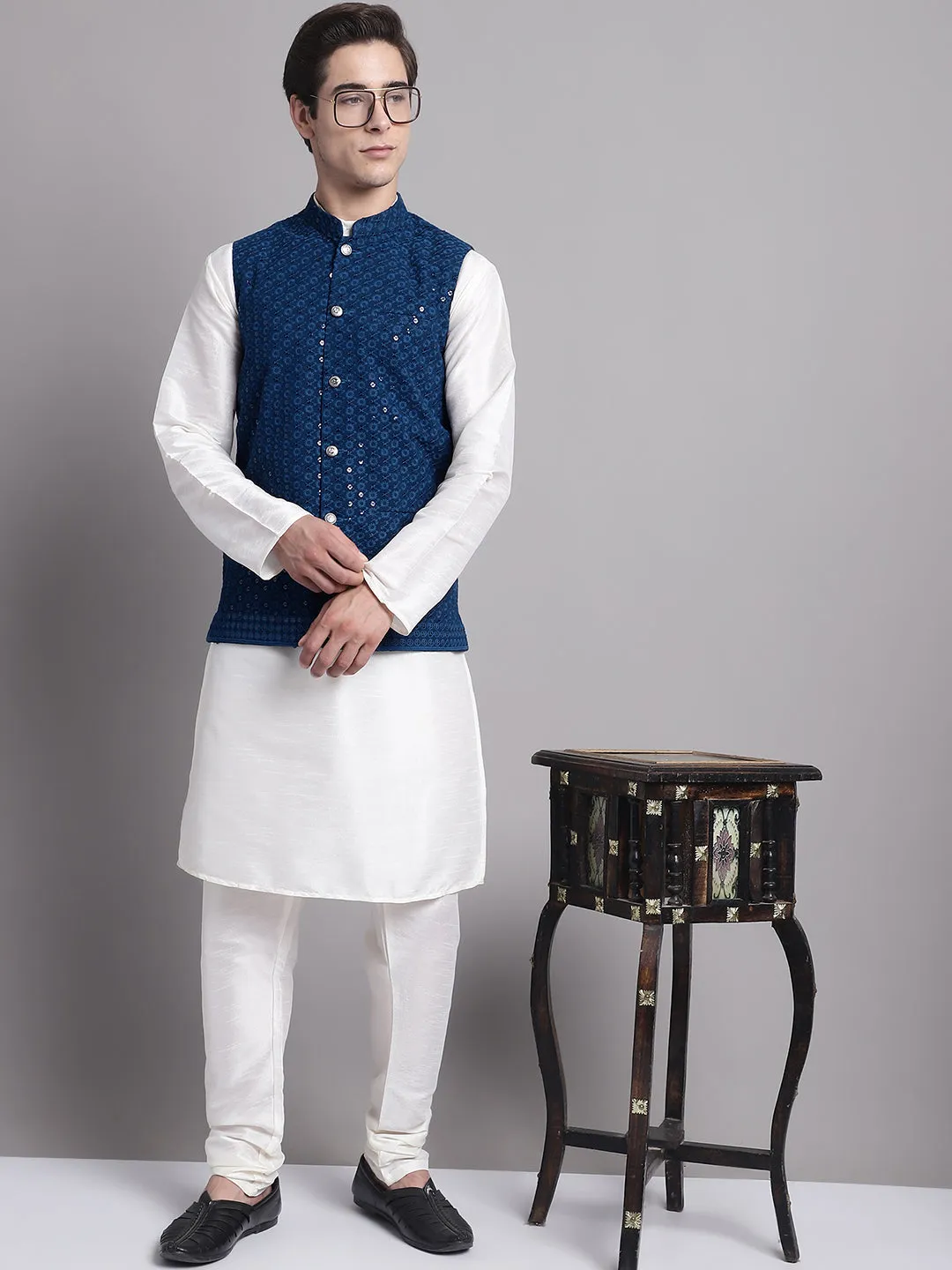 Men's Peacock Blue Sequins and Embroidred Nehru Jacket With Solid Kurta Pyjama.