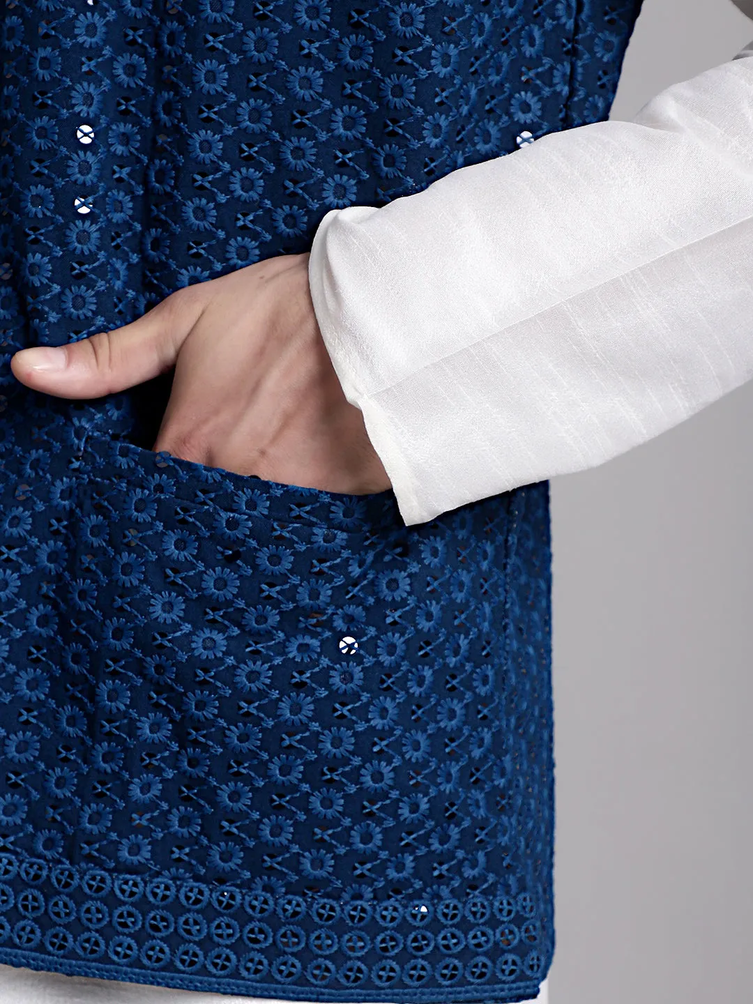 Men's Peacock Blue Sequins and Embroidred Nehru Jacket With Solid Kurta Pyjama.