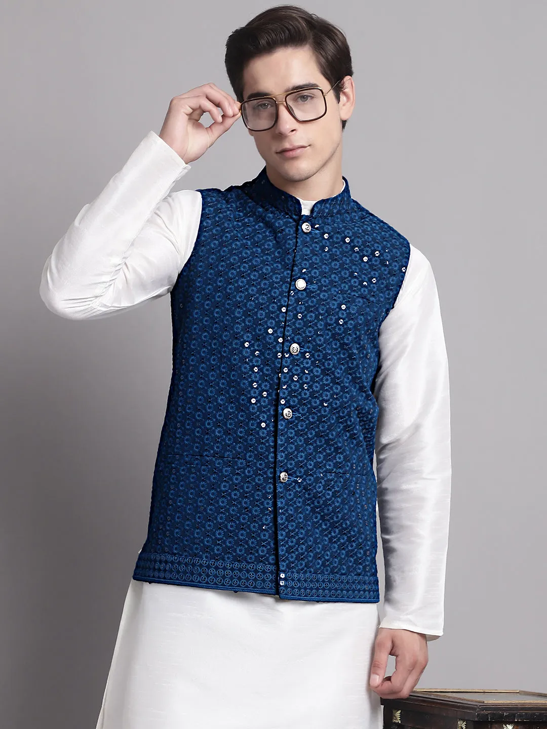 Men's Peacock Blue Sequins and Embroidred Nehru Jacket With Solid Kurta Pyjama.