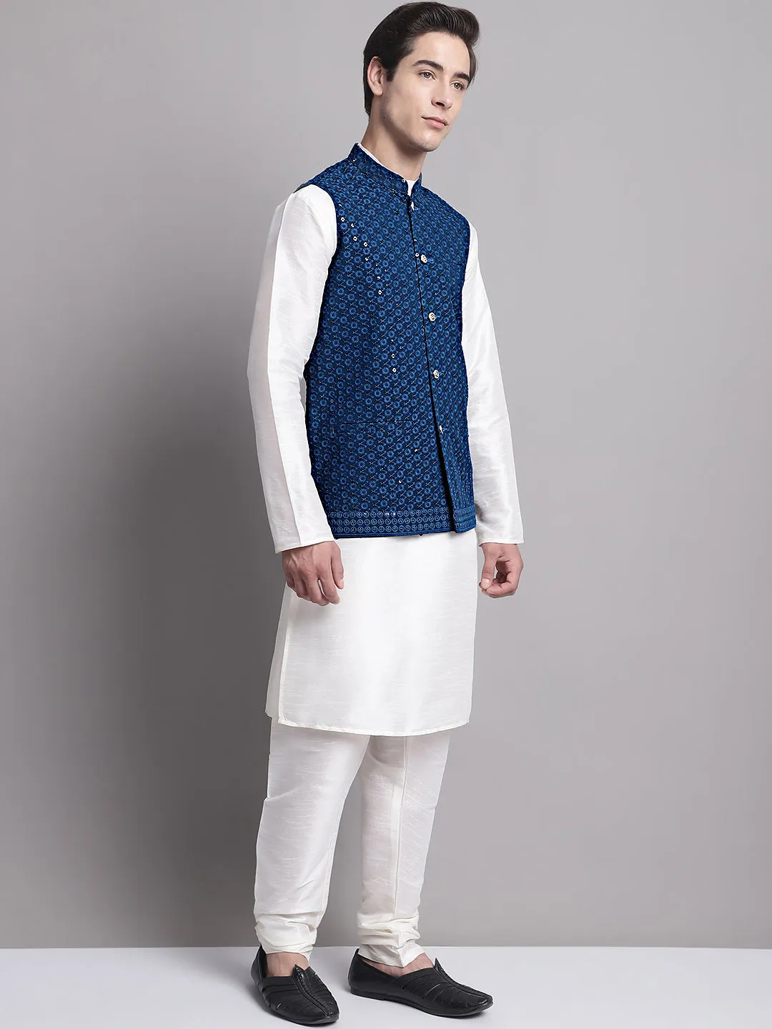 Men's Peacock Blue Sequins and Embroidred Nehru Jacket With Solid Kurta Pyjama.