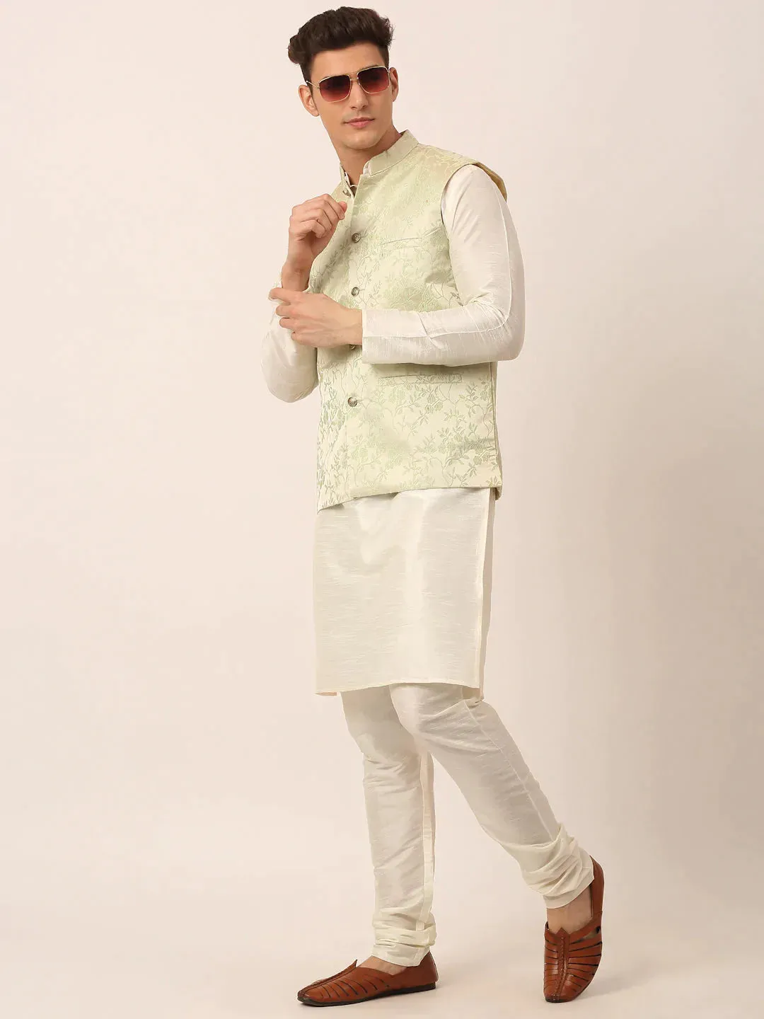 Men'S Pista Green Floral Design Nehru Jacket.