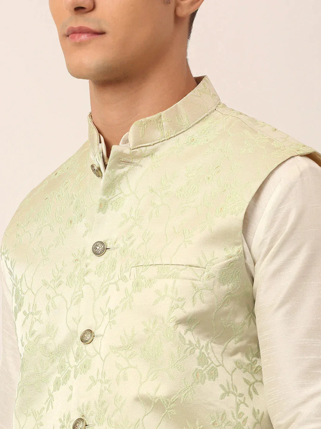 Men'S Pista Green Floral Design Nehru Jacket.