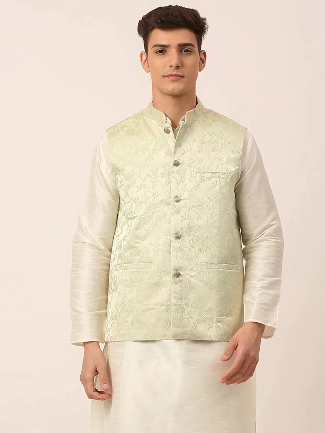 Men'S Pista Green Floral Design Nehru Jacket.