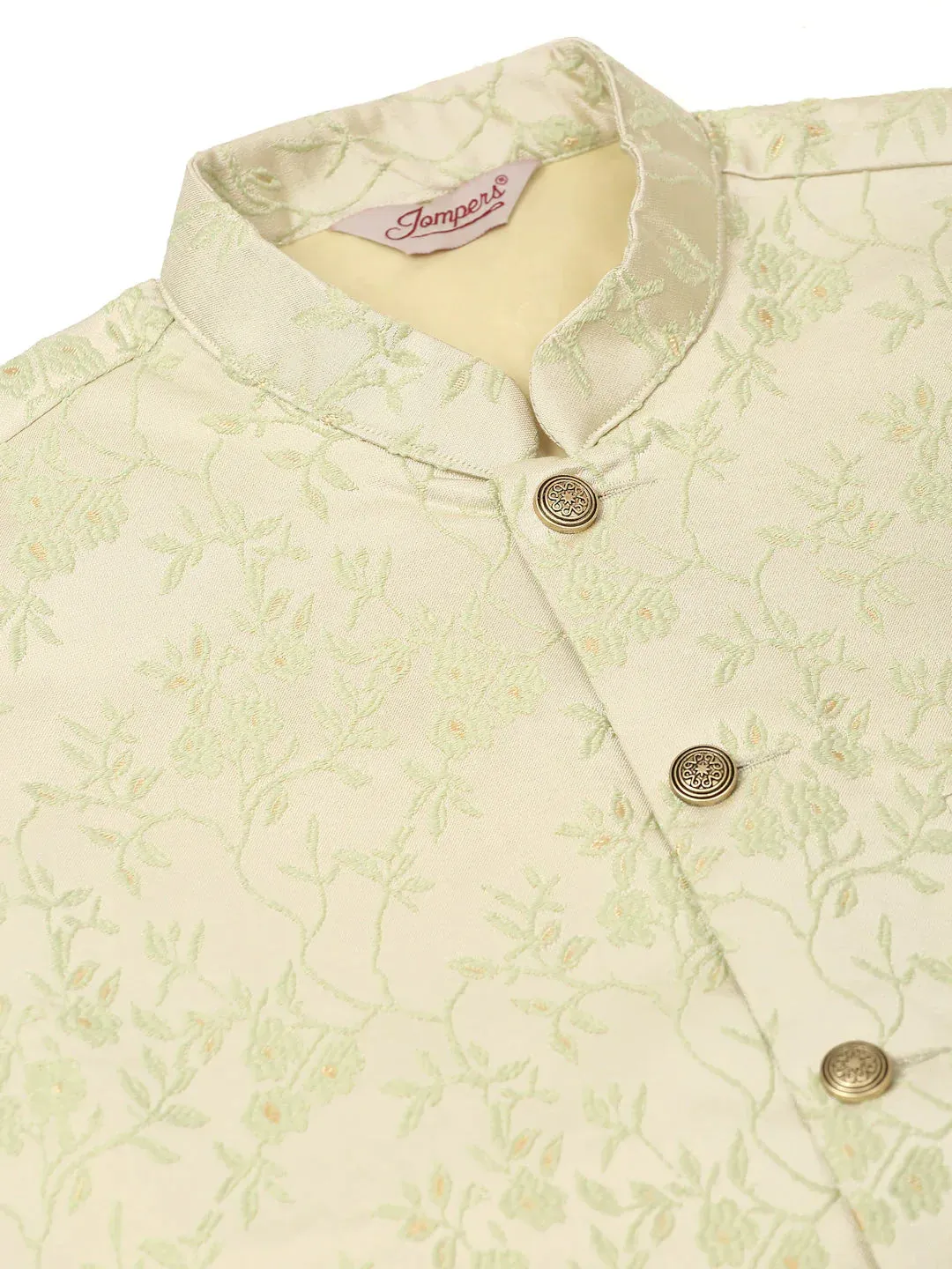 Men'S Pista Green Floral Design Nehru Jacket.