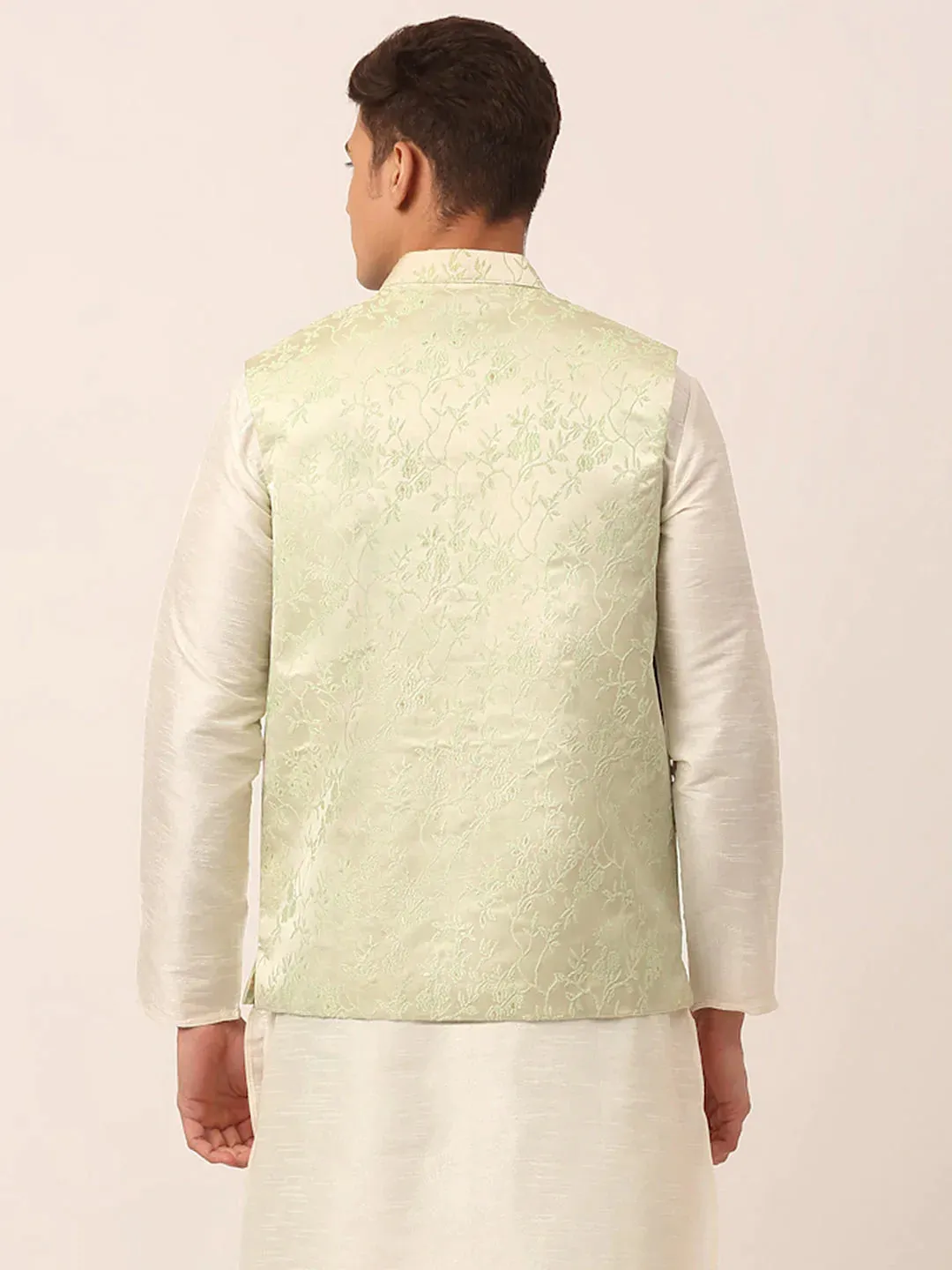 Men'S Pista Green Floral Design Nehru Jacket.