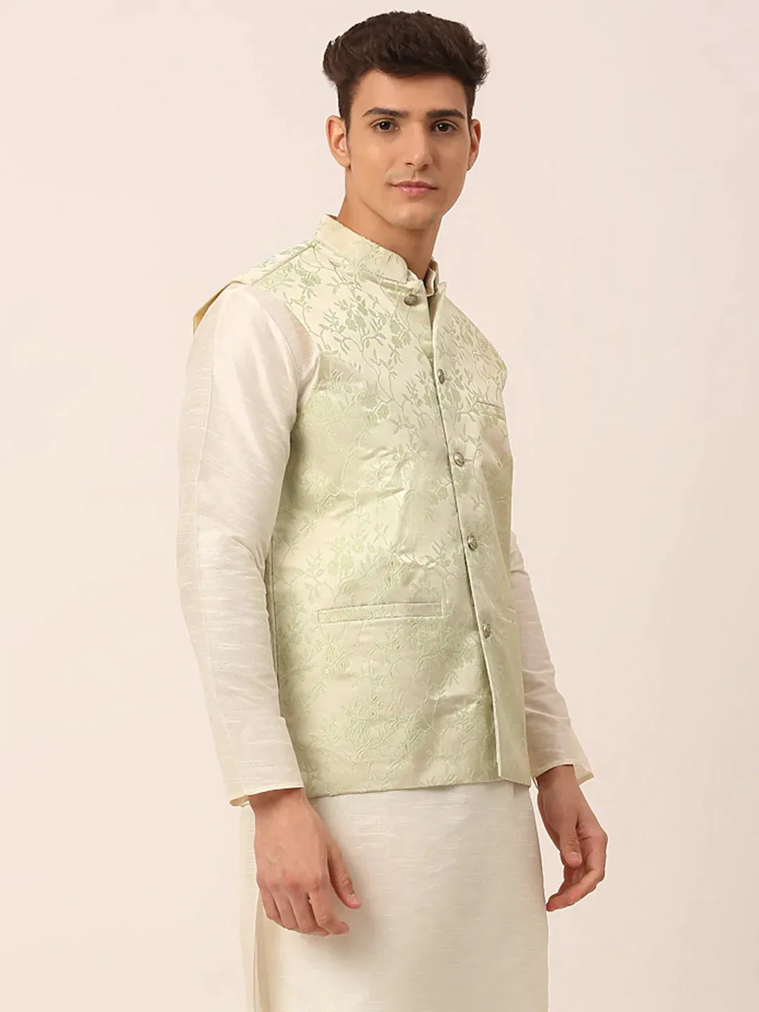 Men'S Pista Green Floral Design Nehru Jacket.