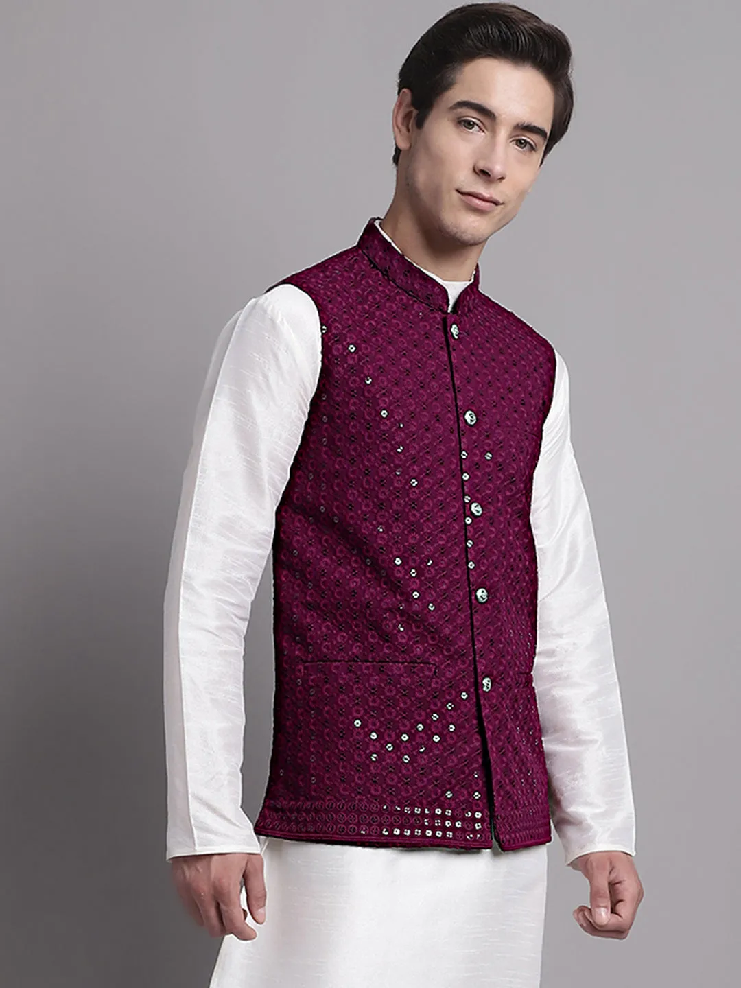 Men'S Purple Sequins And Embroidered Nehru Jacket