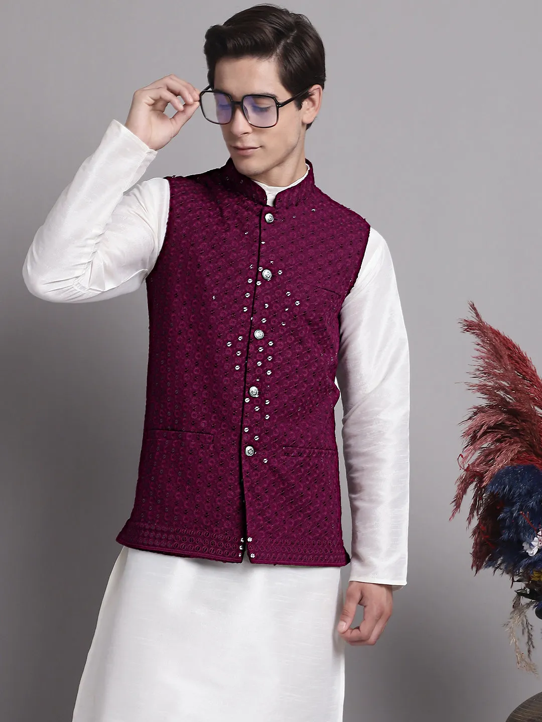 Men'S Purple Sequins And Embroidered Nehru Jacket