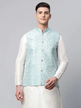 Men'S Sky Blue Printed Textured Nehru Jacket