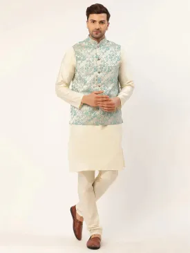 Men'S Solid Kurta Pyjama With Blue Floral Embroidered Nehru Jacket