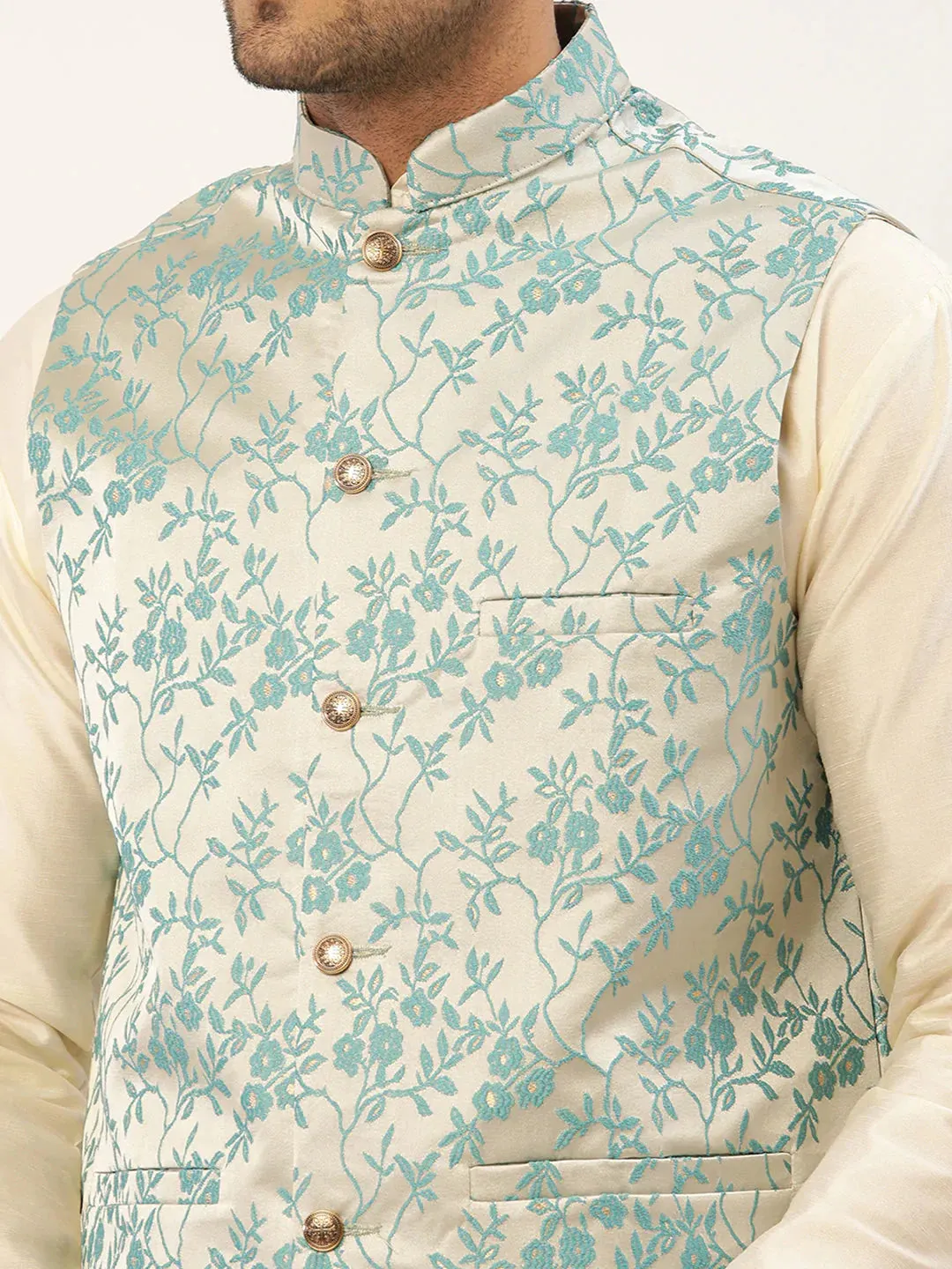 Men'S Solid Kurta Pyjama With Blue Floral Embroidered Nehru Jacket