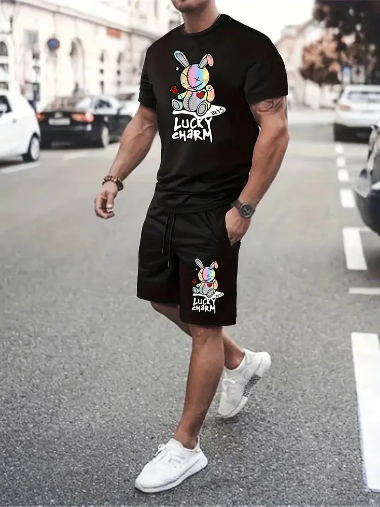 Men's Summer Daily Casual Short Sleeve Shorts Set Cartoon Bunny Doll and Lucky Charm Printed T-Shirt Shorts Set Home Pajamas Set