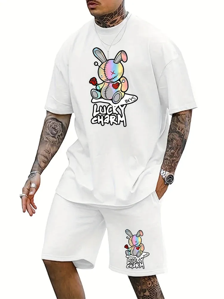 Men's Summer Daily Casual Short Sleeve Shorts Set Cartoon Bunny Doll and Lucky Charm Printed T-Shirt Shorts Set Home Pajamas Set