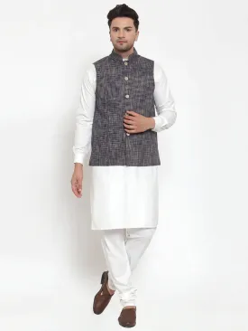 Men'S White Solid Kurta With Pyjamas & Blue Nehru Jacket