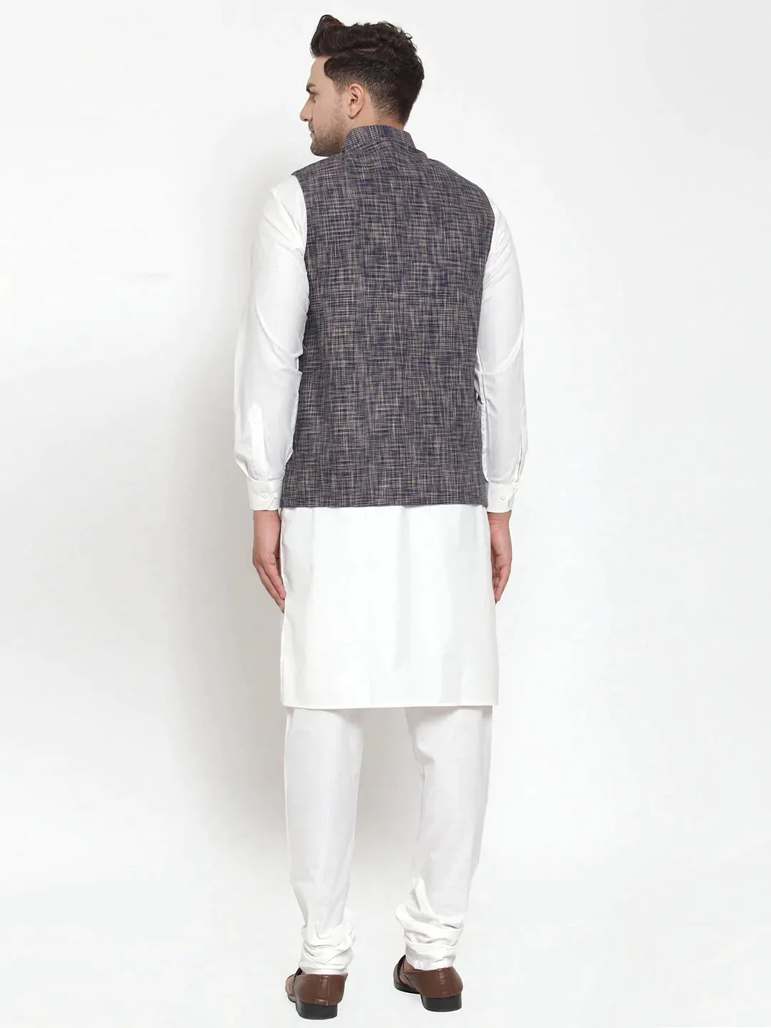 Men'S White Solid Kurta With Pyjamas & Blue Nehru Jacket