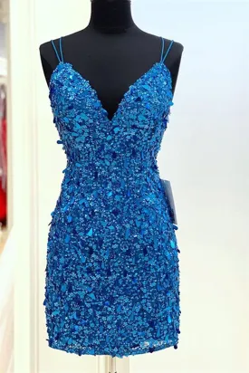 Mermaid V Neck Blue Sequins Short Prom Dresses Mermaid Blue Homecoming Dresses Blue Formal Evening Dresses