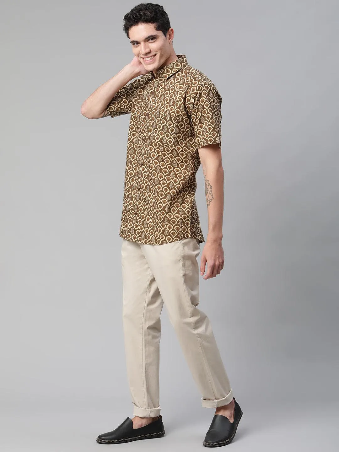 Millennial Men Brown & Beige Cotton  Half Sleeve Shirt For Men-Mmh0168