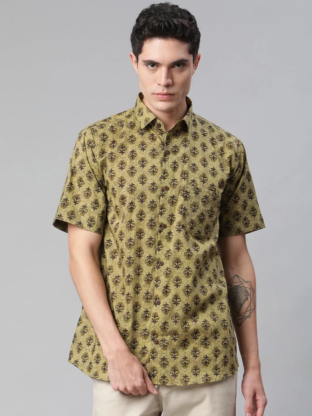 Millennial Men Olive Green  & Green Cotton  Half Sleeve Shirt For Men-Mmh0166